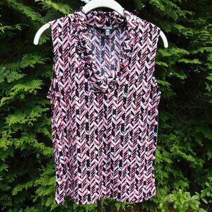 Jones New York Pink/Black/White Stretchy Ruched V-Neck Sleeveless Top